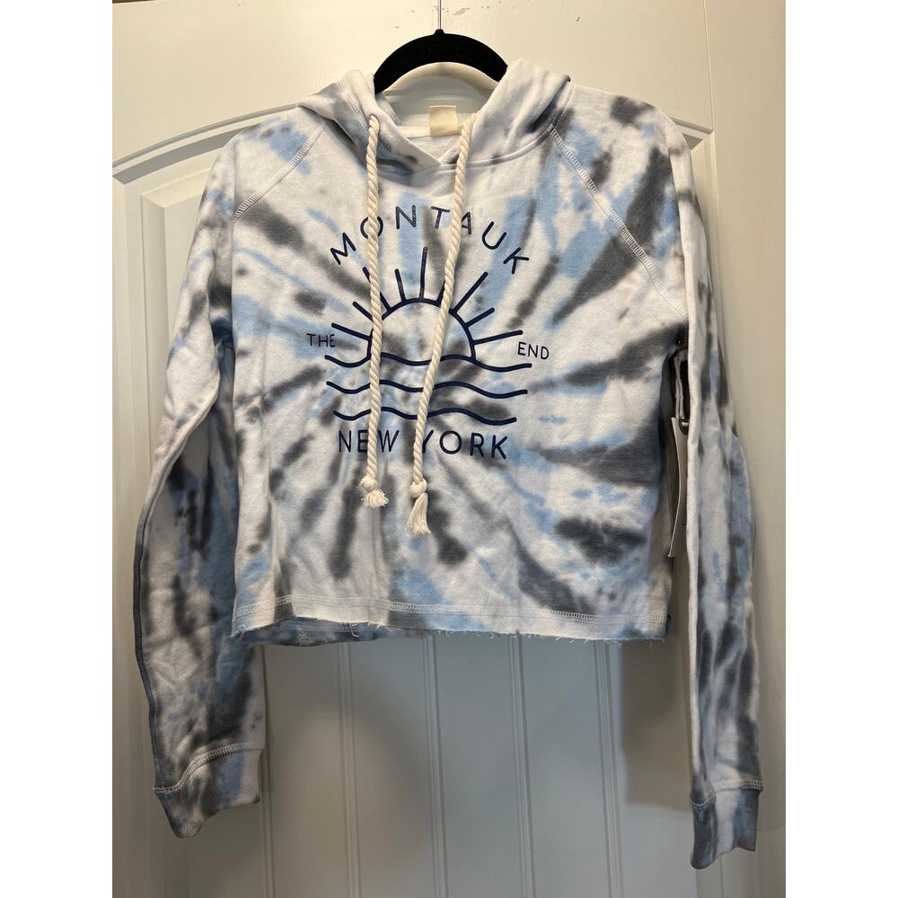 NWT Lagaci Women’s Montauk Cropped Pullover Hooded Sweatshirt Size L Blue Gray